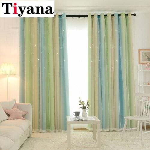 Double layer Rainbow Colorful Stripe Lace Curtain Hollow Stars for Kids bedroom Blackout Drape Tulle Curtain Custom Panel M080D