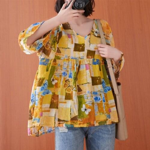 Oversized Women Cotton Linen Casual T-shirts New 2021 Summer Vintage Style V-neck Print Loose Comfortable Female Tops Tees S3604