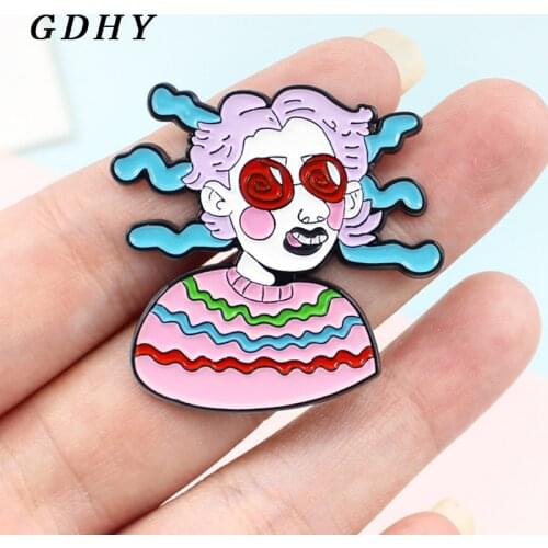 GDHY Cartoon Pink Hair Girls Enamel pins Cute Pink Girls Doll Brooch Mercury singer For Women Punk badge Gift Ohrringe Brincos