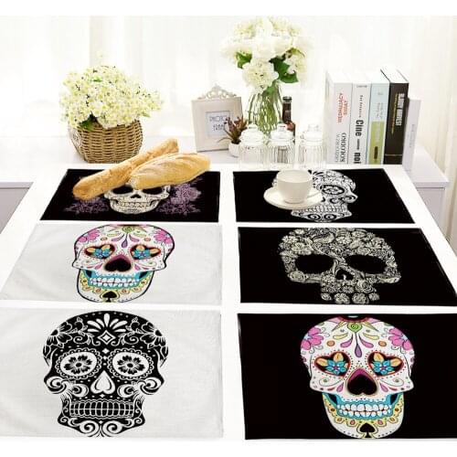 Cotton Linen Placemat Personality Retro Skeleton Head Insulation Tableware Pad Coaster Dining Tabel Decorative Accessories