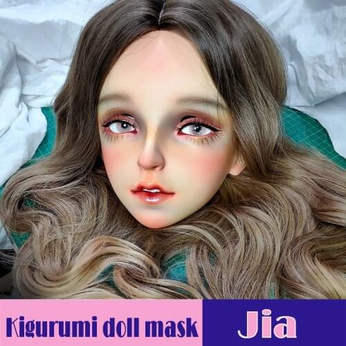 Jia)Female Sweet Girl Resin Half Head Kigurumi Mask With BJD Eyes Cosplay Japanese Anime Role Lolita Mask Crossdress Doll