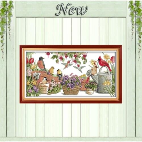 Birds gather in garden Drawing painting,Counted printed on canvas DMC 14CT 11CT DIY Cross Stitch Needlework kits Embroidery Sets