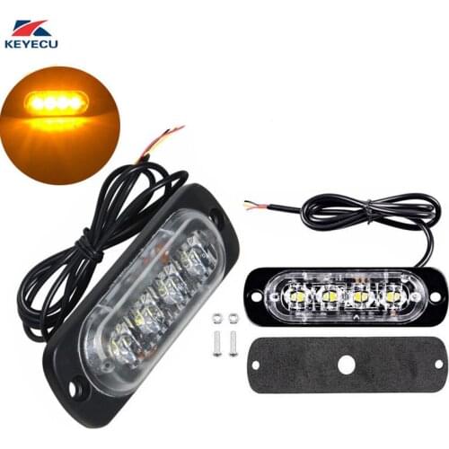 KEYECU 2 Pieces 12V Amber 4-LED Waterproof Emergency Beacon Flash Caution Light Surface Mount Strobe Light Bar 19 Patterns