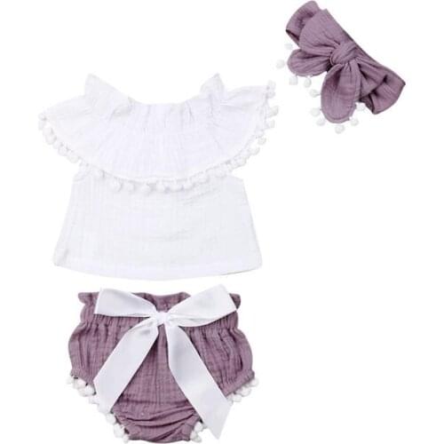 Baby Girls Clothes Infant Kids Suits Newborn Outfit Off Shoulder Top+Tassel Shorts+Headband 3pcs Toddler Cotton Linen Outfit