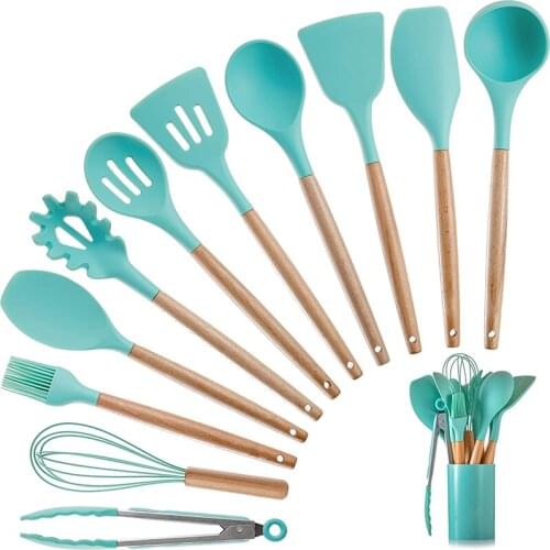 Best Silicone Cooking Utensil Set Wooden Handle Spatula Soup Spoon Brush Ladle Pasta Non-stick Cookware Kitchen Tool Accessories