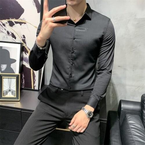 Mens dress shirts british style autumn men long sleeve shirt social club suits solid color big embroidery slim embroidery black