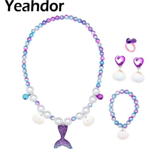 5Pcs Purple Kids Girls Mermaid Taile Pendant Pearl Necklace Bracelet Ear clip Ring Set Girl Accessories Girls Birthday Gift
