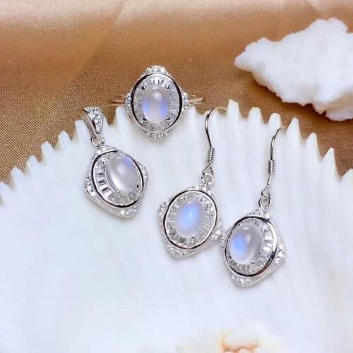Exquisite jewelry natural moonstone ring earrings and necklace jewelry set 925 silver girl birthday party gift fireworks color