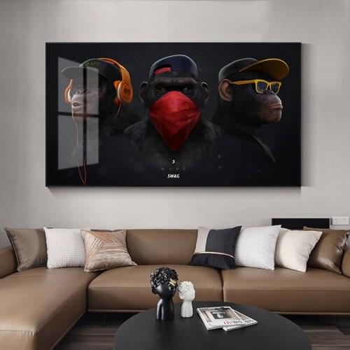Wall Painting Poster and Prints Canvas Wall Art Pictures Animal Chimps with Earphone and Sunglasses for Living Room Home Decor