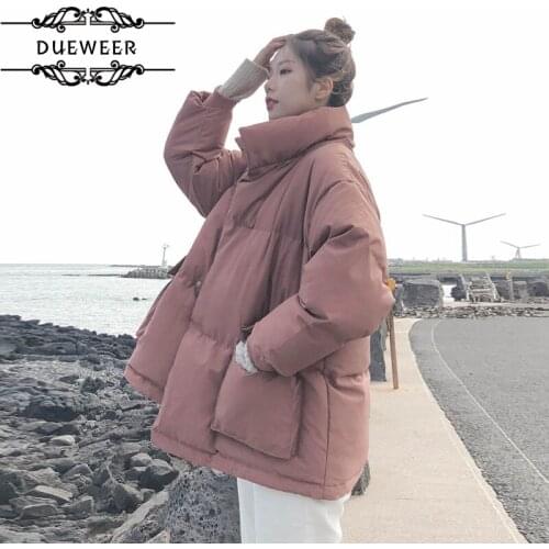 DUEWEER Short Parkas Women Winter Stand-collar Puffer-coats Pockets Padded Solid Korean Style Loose Fashion Chic Outwear