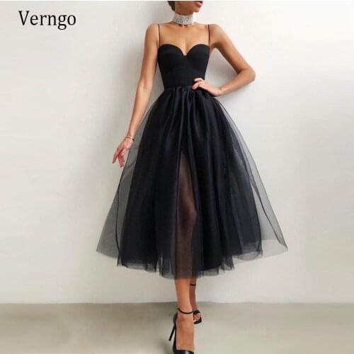 Verngo Simple Black/Dusty Pink A Line Short Evening Party Dress Satin Tulle Spaghetti Straps Sweetheart Tea Length Prom Gowns