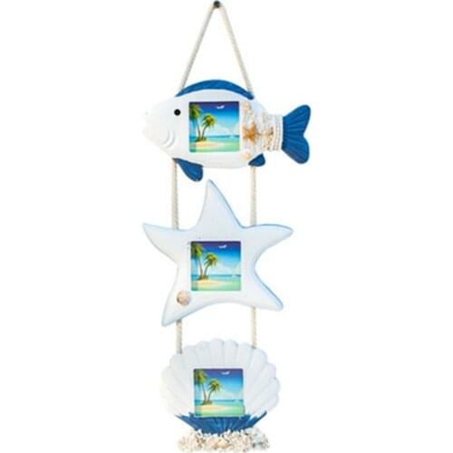 Mediterranean Style Sea Fish Starfish Shell Star Triple Mounted Pine Wood Glass Photo Frame Creative Wall Aquarium Decoration