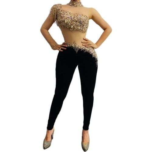 Multi-color Rhinestones Fringe Transparent Sleeve Jumpsuit Black Velvet Leggings Dance Outfit Bar Singer Wear Outfit