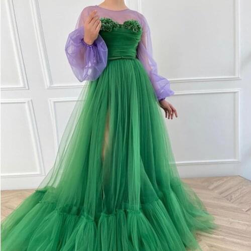 2021 Contrast Color Green and Purple Tulle Prom Dresses Scoop A Line 3D Flowers Floor Length Party Gown