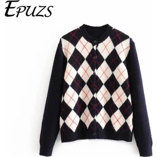 Vintage O-Neck Knitted Sweater Women Clothing Long Sleeve Slim Argyle Office Warm Cardigan Sweater Casual Loose Chic Tops 2020