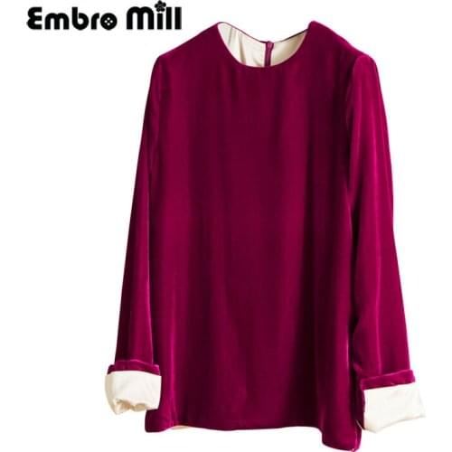 New Year Spring Carmine Red Silk Velvet Round Neck Chinese Casual Top Loose Contrasting Colors Shirt Lady S-XL