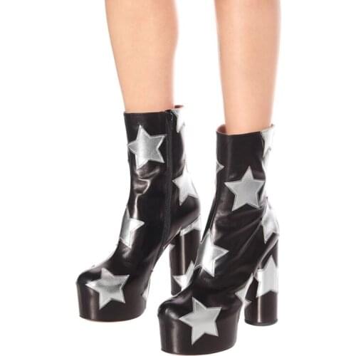 Boots Chelsea Women Booties Waterproof Chunky Round Heels Zip Up Shoes Stars Print Winter Fashion Ladies Casual Footwear