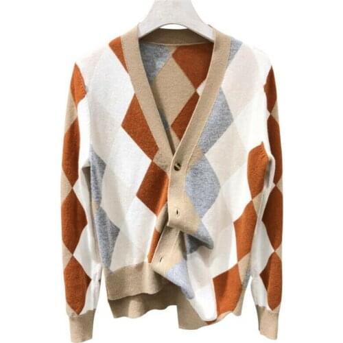 Womens Sweater Cardigan Check Irregular Wool Knitted Cashmere Sweater Coat Long Sleeve Fashion Casual Winter Autumn Sweater