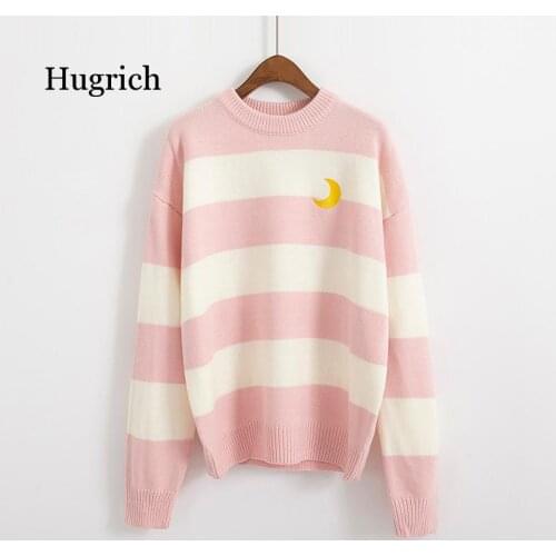 Womens Sweaters Kawaii Ulzzang College Candy Color Stripes Moon Sets Embroidery Sweater Female Harajuku Clothing For Women Lady