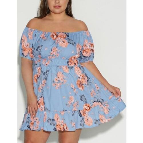 Summer Dress for Women Clothing 2021 Blue Floral Print Off the Shoulder High Waisted Loose Fashion Daily Wear Clothing Dress Big