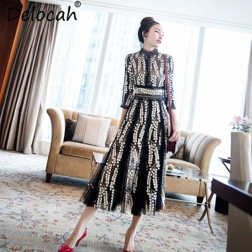 Delocah Summer Women Dress Runway Fashion Designer Half Sleeve Gorgeous Appliques Dot Printed Mid-Calf Office Slim Dresses