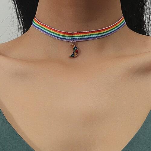 2021 Fashion Rainbow Choker Necklace for Women Girls Couple Moon Pendant choker for lgbt cute Clavicle Chain Collar Jewelry Gift