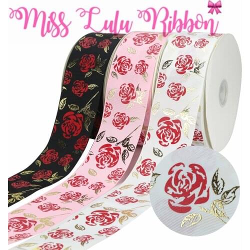 3"75mm Red Ink Gold Foil Rose Pattern Solid Grosgrain Ribbon DIY Bowknots Hair Band Making Valentines Day 50yards/roll