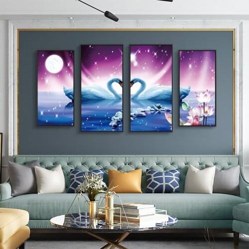 4PCS HD Printing Swan Art Painting Poster in Moonlight Modern Living Room Bedroom Office Corridor Home Decoration Frameless