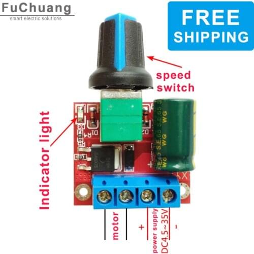 Free Shipping 5A 90W PWM DC Motor Speed Controller Module 6V 12V 24V Stepless Speed Control Switch 4.5V-35V Adjustable Governor