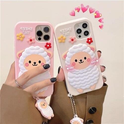 INS Style 3D Lovely Sheep Dangle Case for iPhone 12 Pro Max Back Phone Cover for 12 11 Pro Max X XS XR 8 7 Plus SE 2020