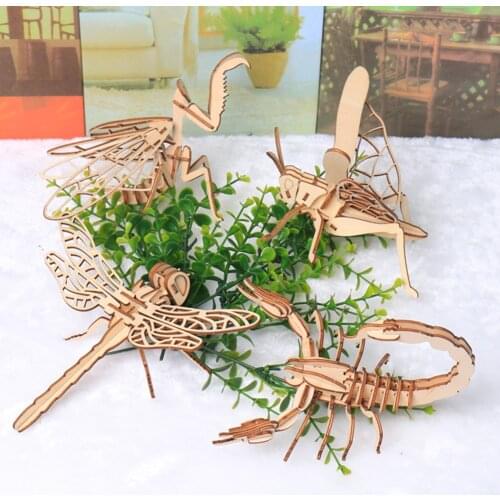 3D Wooden Puzzle Insect Animal Model Assembly Kit Intellectual Educational Game Toys for Birthday Kids Gift DIY Children