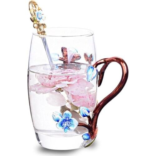 Crystal Glass Tea Coffee Cup Enamel Plum Blossom Metal Handgrip Glass Mugs Individual Box Package For Perfect Mothers Gift