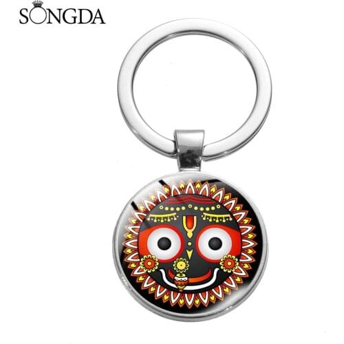 Jagannath Krishna Cartoon Art Photo Keychain For Women Men Vintage Face Lotus Glass Cabochon Keychain Religious Jewelry