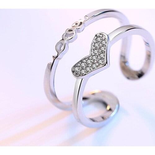 Simple Rhinestone Adjustable Silver color Letters Friendship Rings double layer Stone Heart Shape Finger Ring for Women