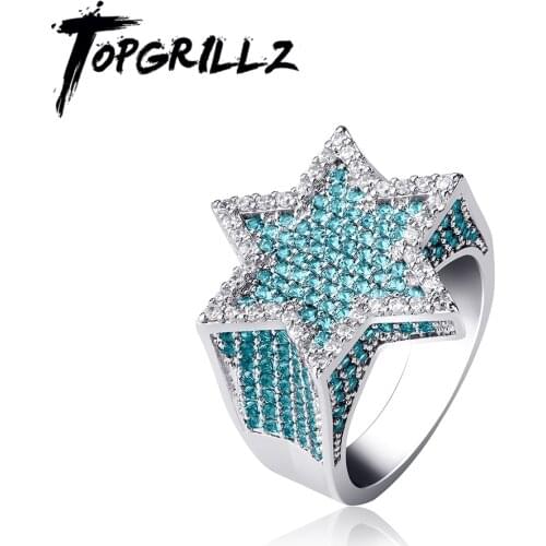 TOPGRILLZ New Hexagon Star Silver Color Blue Iced Out Cubic Zircon Rings Micro Paved Personality Hip Hop Jewelry For Gifts