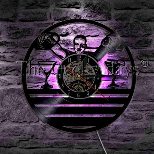 Pub Bar Barman LED Lighting Vinyl Record Wall Clock Bartender Mix Drink Beer Alcohol Color Changing Wall Light