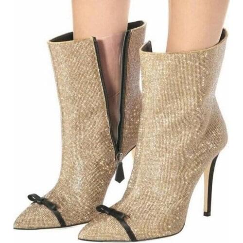 New Designer Gold Crystal Women High Boots Pointed Toe Bowtie Knot Women Zipper Boots Sexy Rhinestone Wide Calf Ankle Boots