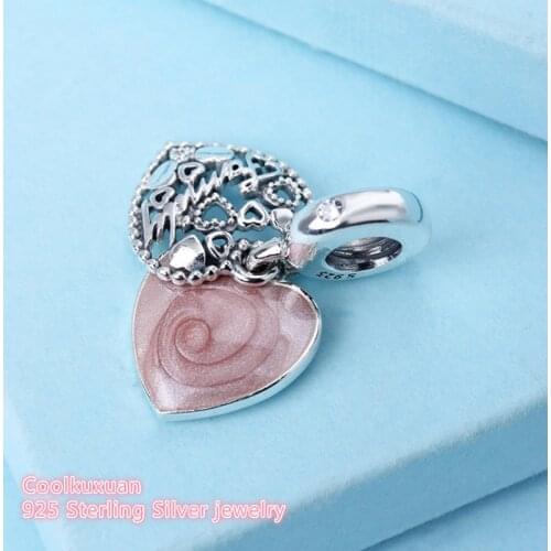 Autumn 925 Sterling Silver Love Makes A Family Dangle Charm, Pink Enamel & Clear CZ Bead Fit Pandora Charms Bracelet Diy