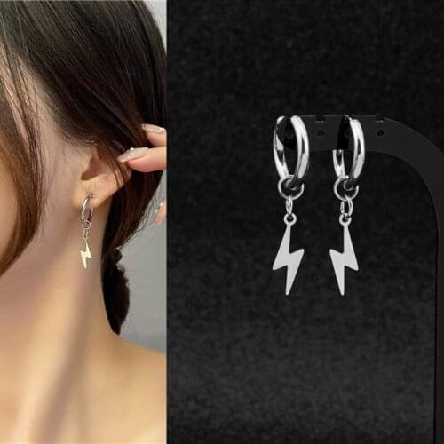 Korean Fashion Punk Solid Color Simple Metal Hoop Lightning Pendant Drop Earrings for Women Girls Teens 2021 Trend New Arrival