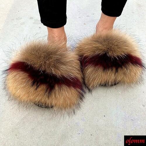 Summer multicoloured Fox Fur Slippers Real Fur Slides Female Indoor Flip Flops Raccon Fur Sandals Furry Fluffy Plush Shoes