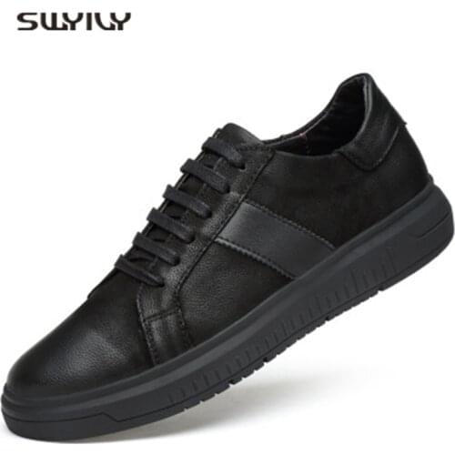SWYIVY Mens Skateboarding Shoes Genuine Leather Black Sneakers Men Shoes 2018 New Low-top Flat Heel Males Tenis Skate Shoes