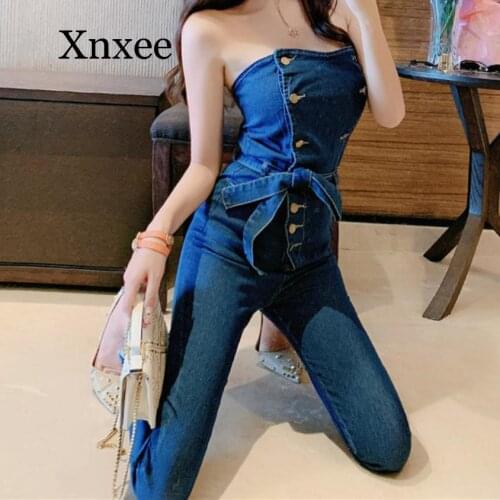 Off Shoulder Denim Jumpsuits Overalls Women Jeans Playsuit Strapless Pencil Pants Romper slim small size office sexy skinny