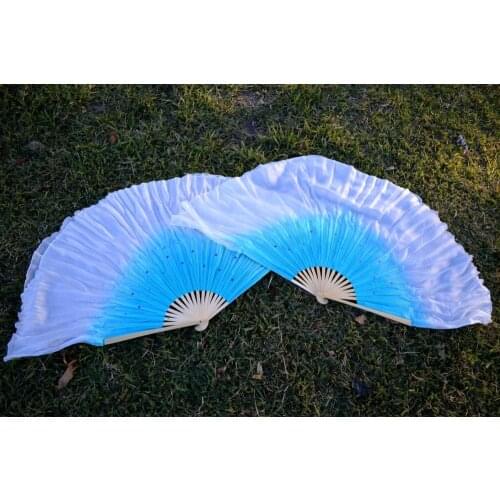 2018 women of high quality silk Chinese belly dance dance fan cheap hot Turquoise+White double short silk fan