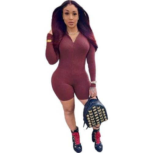 2021 Autumn Casual Women Jumpsuit Knit Ribbed Full Sleeve Front Zipper Short Romper Women Jumpsuit Outfit
