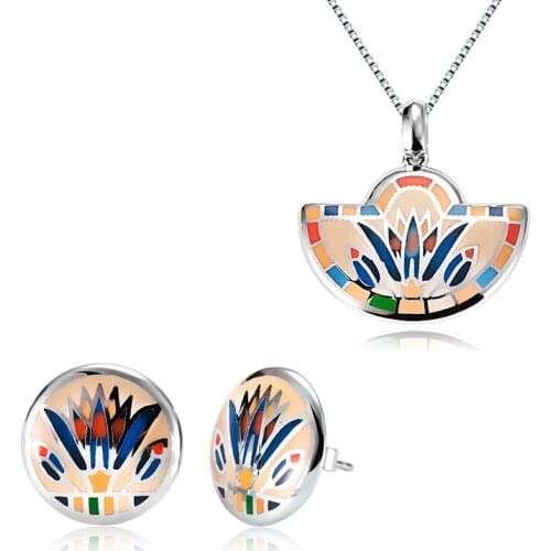 OGULEE 925 Sterling Silver Jewelry Sets for Women Enamel Stud Earrings Flower Plant Pendant Necklace Jewelry Mothers Day Gift