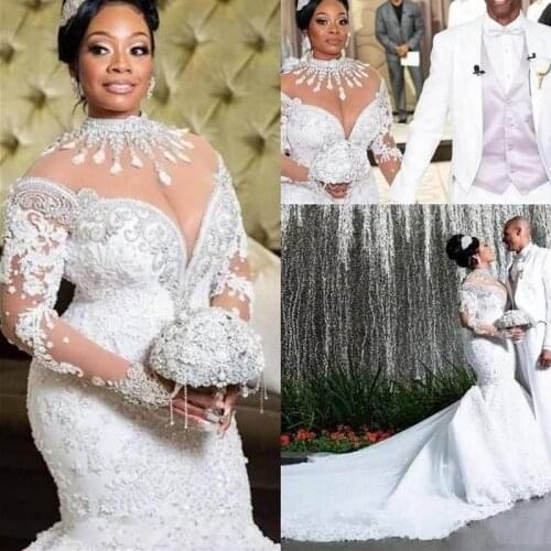 African Mermaid Plus Size Custom Made Wedding Dresses Arabic High Neck Long Sleeve Lace Beadings Court Train Bridal Gowns