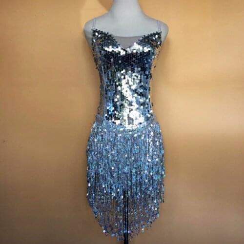 2018 Sexy Latin Dance Dress S-XXXL Backless Sequins Profeesional Stage Costumes Tassel For Women Plus Size Costumes