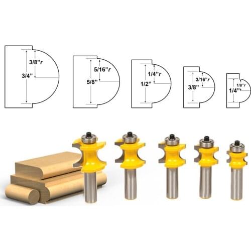 5pcs/set Bit Bullnose Router Bit Set C3 Carbide Tipped 1/2" Shank