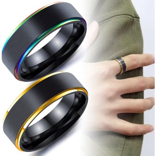 8 mm Men Steel Ring Fashion Gold Colorful Flat Ridged Edges Titanium Steel Ring Mens Band Party Ring Jewelry Accessories
