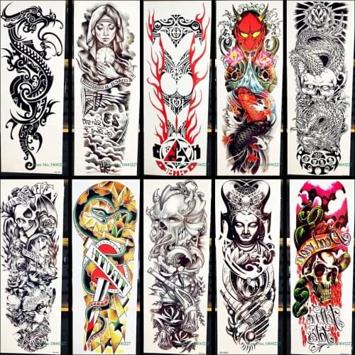 Big Full Arm Flash Temporary Tattoo Sticker Snake Sword Pray Nun Buddha Pattern Body Leg Art Fake Waterproof Arm Tattoo Stickers